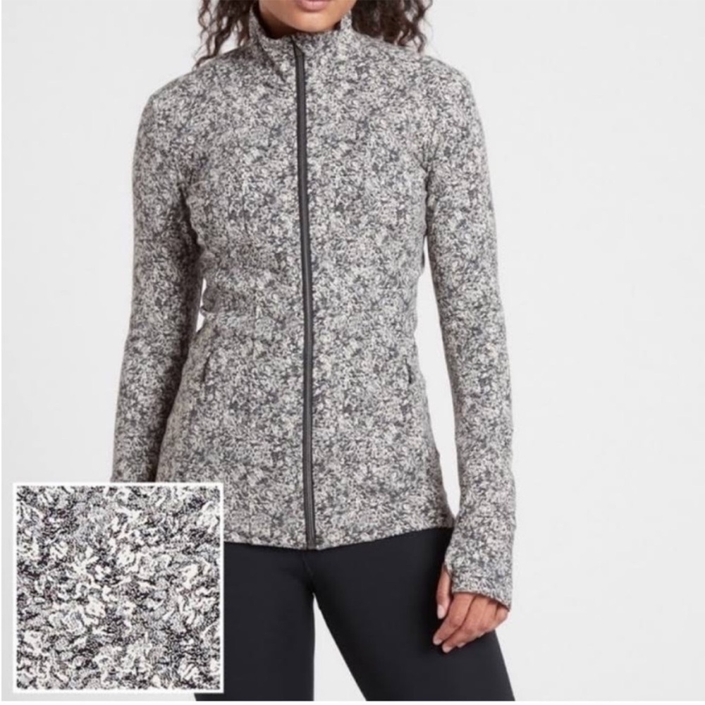 Athleta Shanti Salutation Textured Full Zip Jacket Moonflower Black MT Like New